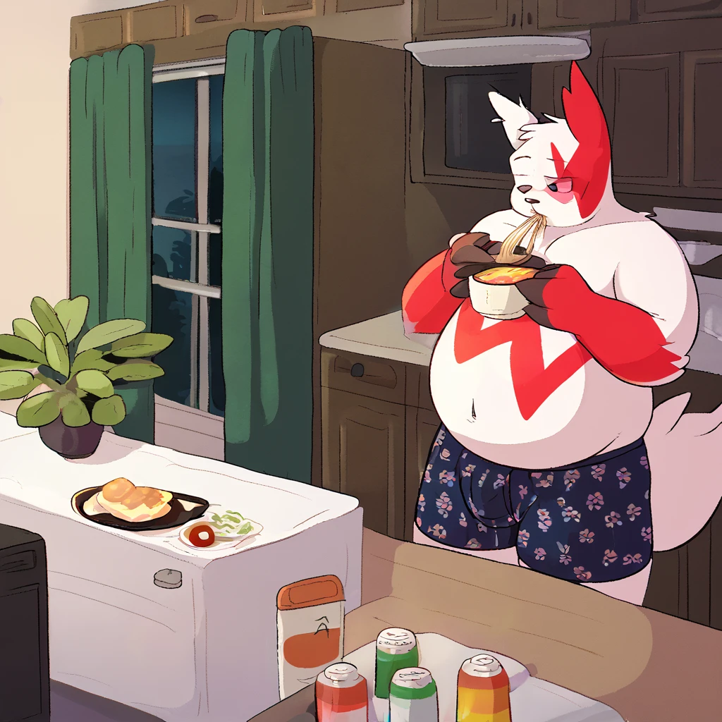 score_9_up, solo, male Zangoose, anthro, male, pokemon, pokemon \(species\), generation 1 pokemon, shirtless, boxers, eating a cup of noodles, tired, kitchen, nighttime, inflating, blimpbelly