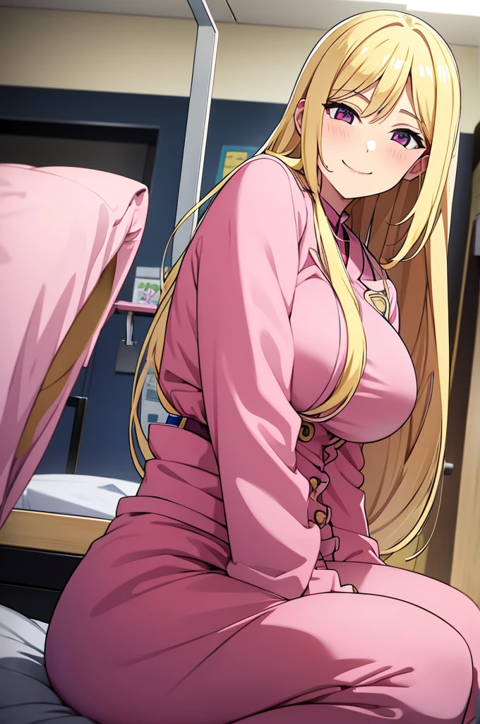 adult girl, big breasts, blonde, long hair, pink doctor clothes, in hospital, smiling