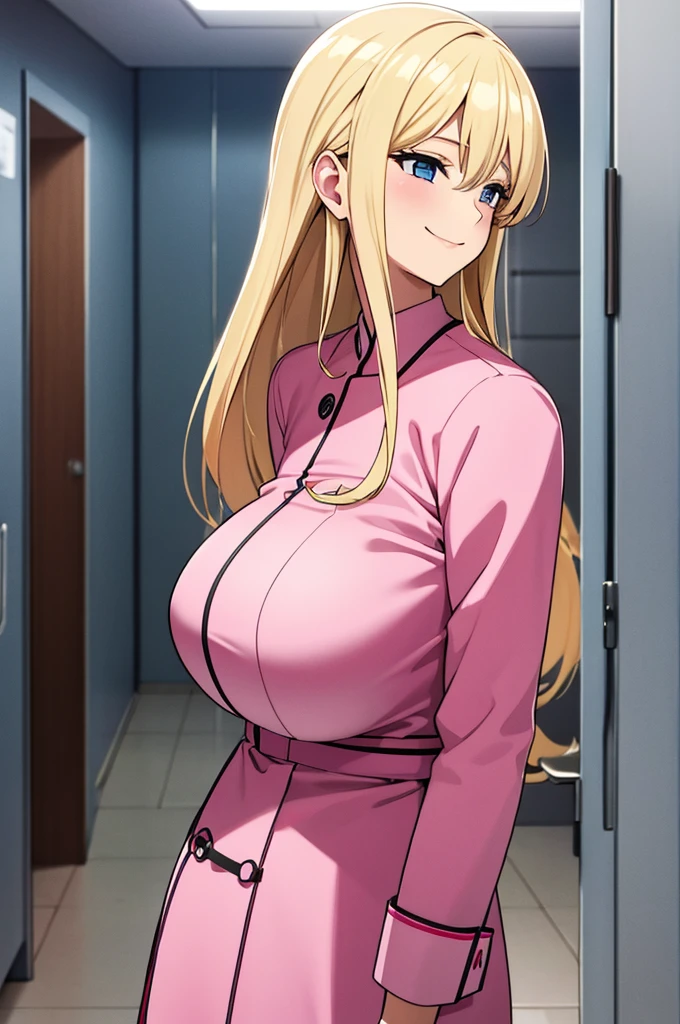adult girl, big breasts, blonde, long hair, pink doctor clothes, in hospital, smiling 