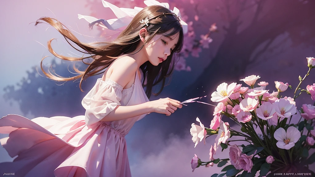 One girl,flower, Lisianthus ,Pale pinkと淡い青のスタイル, A dreamy, romantic piece, Pale pink, Mysterious Leaves, A playful arrangement,Fantasy, High Contrast, Ink strokes, explosion, Exposure, Impression of purple and red tones , Abstract, ((Watercolours by John Berkey and Jeremy Mann )) Brush strokes, Negative Space,