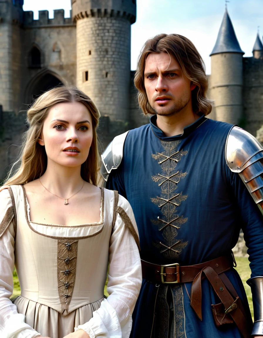 photorealistic man, age 30, european, short brown hair, in front of a pleading photorealistic lady, age 40, long dirty blonde medieval hair, dressed is torn shoulderfree medieval lady of the castle, dirty face, burning medieval castle landscape,  raw photo, cinematic material, wideview, high detailed, high quality 