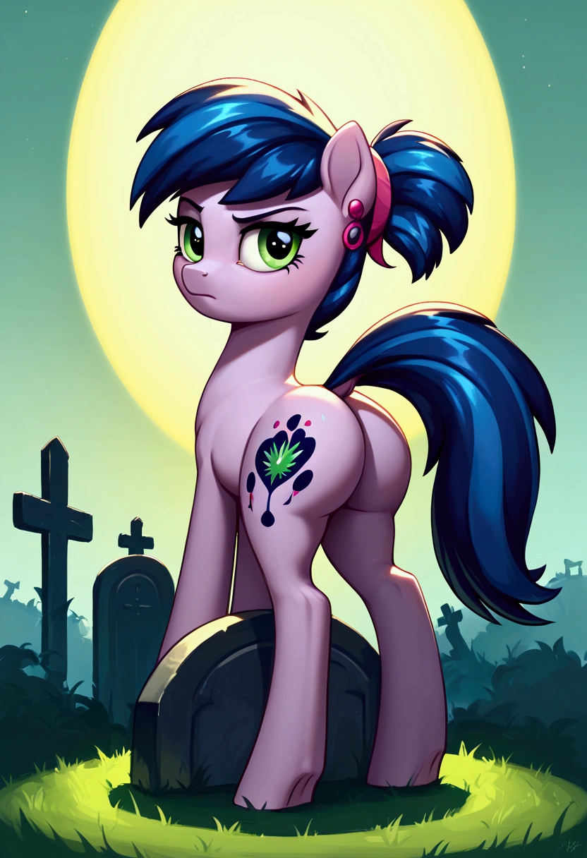 score_9,score_8_up,score_7_up,score_6_up, ((my little pony)), radiant lighting, vibrant colors, whimsical atmosphere, 8K, high resolution, highly detailed, masterpiece, behind view, earrings, (stern look), tombstone cutie mark, goth cutie mark, big butt, on the tombstone, ((pony body)), (((Marinette Dupain-Cheng)))
