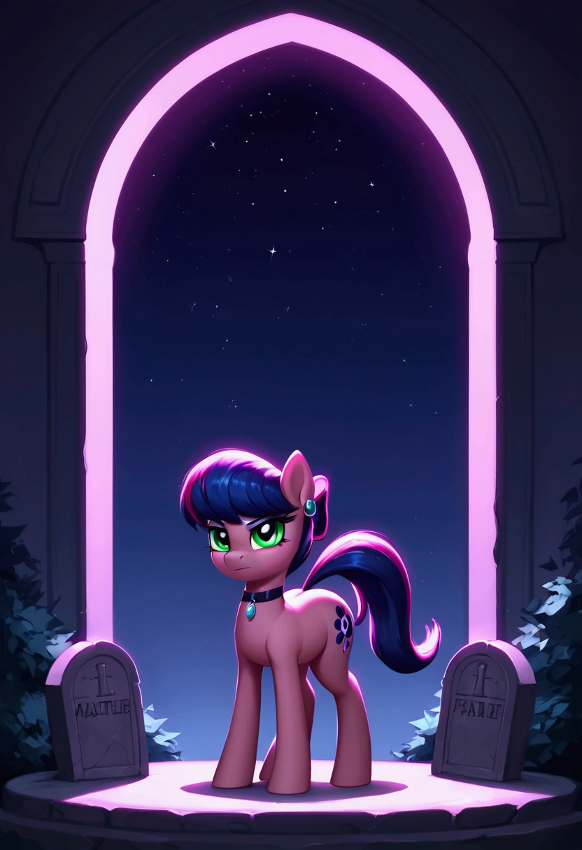 score_9,score_8_up,score_7_up,score_6_up, ((my little pony)), radiant lighting, vibrant colors, whimsical atmosphere, 8K, high resolution, highly detailed, masterpiece, behind view, earrings, (stern look), tombstone cutie mark, goth cutie mark, big butt, on the tombstone, ((pony body)), (((Marinette Dupain-Cheng)))