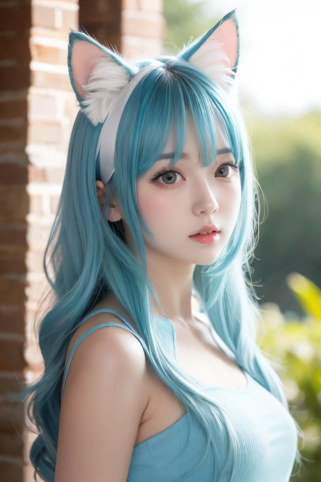 Young female character with long wavy pastel blue hair and cat ears。Her expression is、As you can see from her slightly parted lips and wide eyes.、It's a slight surprise or worry.。she、She is wearing a high-neck, long-sleeved cream-colored blouse with ruffles on the chest and cuffs.。in addition、She wears a black corset decorated with gold buttons。The skirt is a blue dress with a tiered style.、White lace and ruffle accents、Gives a layered look。The white background makes her stand out.。The lighting is soft and uniform、It highlights the pastel tones of her hair and the exquisite details of her clothing.。The pose is slightly turned to the right.、One hand on his chest、It conveys a delicate sense of wonder and innocence.。Random sexy poses、Large Breasts、