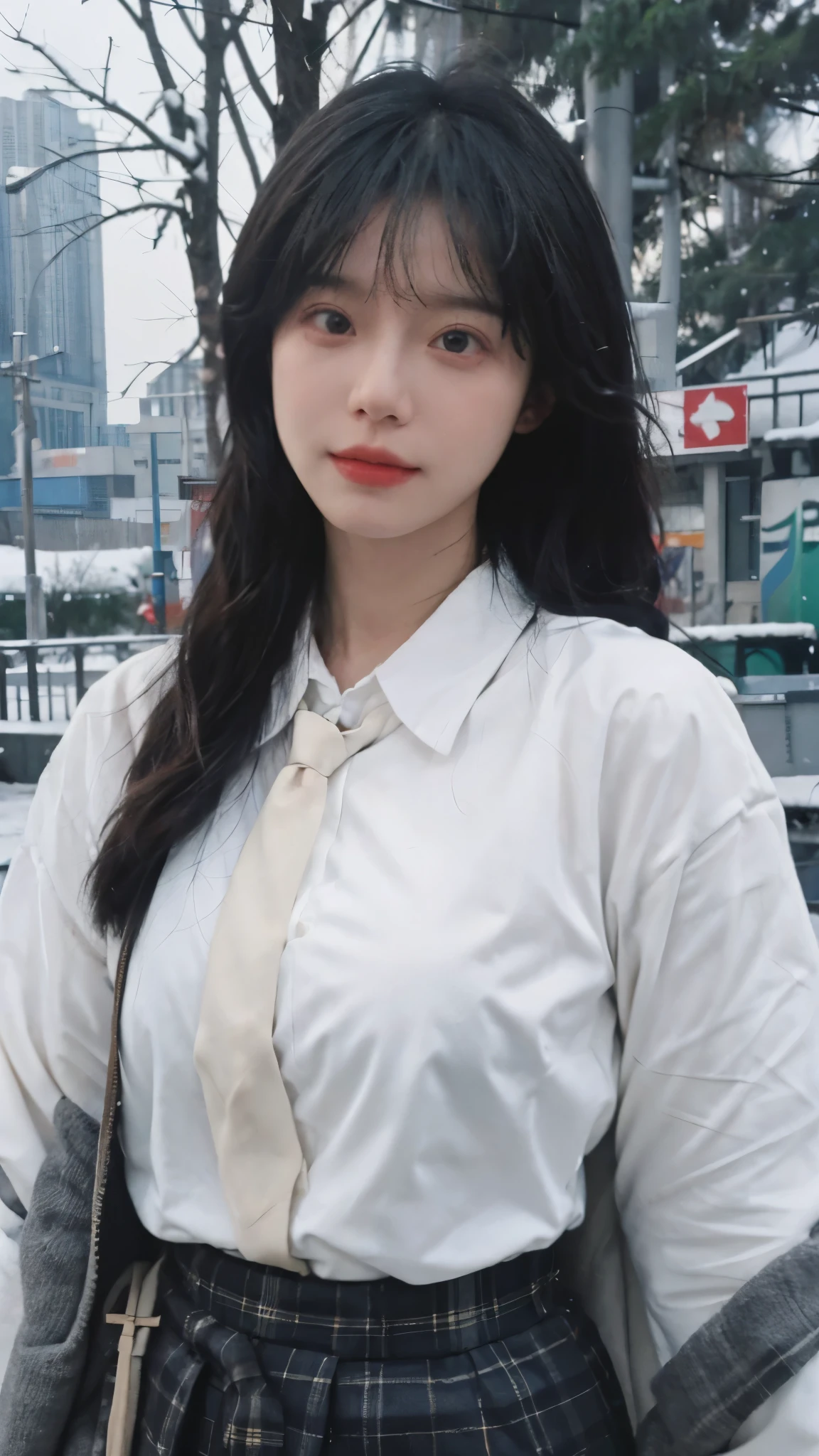 Best quality，masterpiece，Ultra-high resolution，snow，16K,Snow background，（Photo Realism：1.4),1 Girl，JK，Sexy，（Shirt and Tie：1.2),（Big breasts：1.3),（Upper body：1.4)