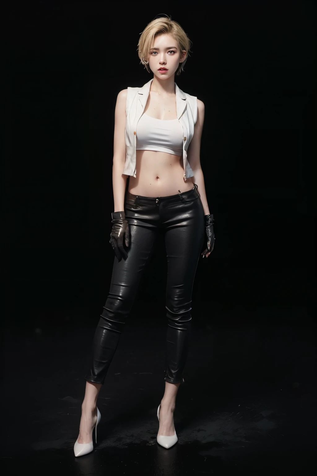 (photo realist: 1.4), (hiper realist: 1.4), (realist: 1.3), (smoother lighting: 1.05), (Improve the quality of movie lighting: 0.9), 32K(Aumentar a beauty da textura da pele: 1,1, better quality, (beauty), masterpiece, Physically based rendering, ultra high resolution, masterpiece, best quality, full body, wet, wet clothes, dripping, a standing girl with short blonde hair wearing a closed vest which is brown, white shirt, red tie, black leather pants, black leather shoes and fingerless gloves, beauty face, amber eyes, big breast, navel