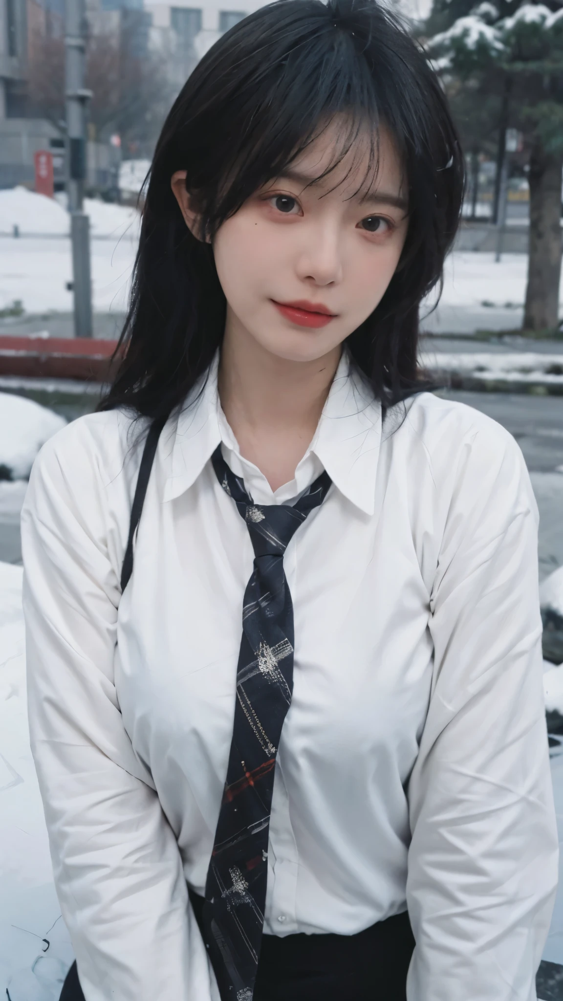 Best quality,masterpiece,Ultra-high resolution,snow,16K,Snow background,(Photo Realism:1.4),1 Girl,JK,Sexy,(Shirt and Tie:1.2),(Big breasts:1.3),(Upper body:1.4)