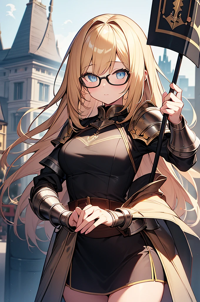 best quality, Masterpiece, Highly detailed, symmetrical eyes., girl, พื้นหลังที่Highly detailed, is gaining popularity (art station:1.46), exaggerate, movie light, studio quality, 8k resolution, long yellow hair,Wear glasses,Put on knight armor,holding a flag