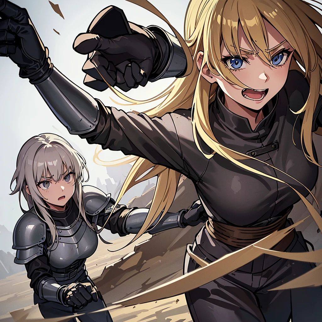 Best illustrations、Best Quality、(Full body character concept、detailed)、(((Simple grey armor、Black trousers、Black gloves、woman、18-year-old、Blonde、Long Hair)))、(((Grab the sword、Get Ready)))、(Old ruins、desert。Grass)、Fall to the floor、(Black, muddy swamp)、(中世の騎士が10 people)、(get annoyed、Open your mouth、shout)、(lots of medieval knights、10 people)、battlefield、(behindから、behind)、(White background)