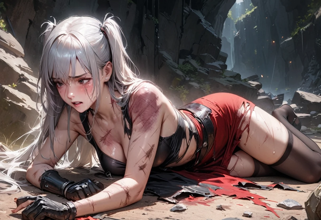 (best quality), (masterpiece), very aesthetic, absurdres, high res, all detailed, realistic, 1girl, (two side up), long hair, silver hair, (red pencil Dress, one side shoulders armor with Cape, pencil miniskirt), medium cleavage, [black thigh-highs], [white panties], (injury skin, scar skin, bleeding skin, torn clothes:1.1), Broken Armor, BREAK NSFW, (lying, on side), arched back, (one eye closed, cry, tears), sigh, blush, sweat, (outdoors, hill), sparks, shockwave, stone Debris, cinematic lighting, diffraction spikes, cowboy shot, three quarter view