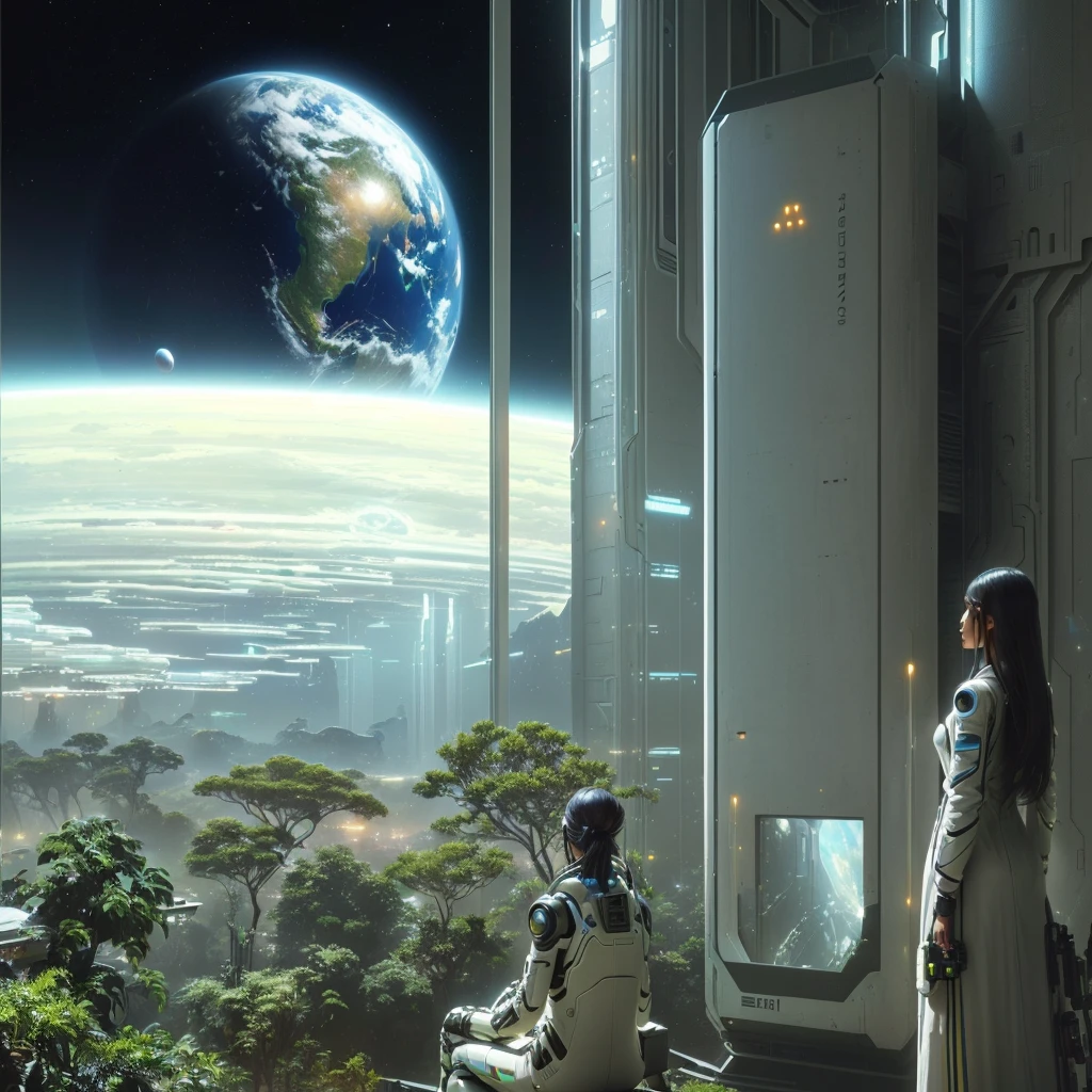 Two people are sitting on the ground looking at the earth, depicted as a Sci-fi scene, digital science fiction realism, Sci-fi scene, 3D rendering of beeple, Arstation and beeple height, Sci-fi scene, Space Utopia Jungle, Sci-fi painting, Future Science Fiction. Game CG, Sci-fi scene