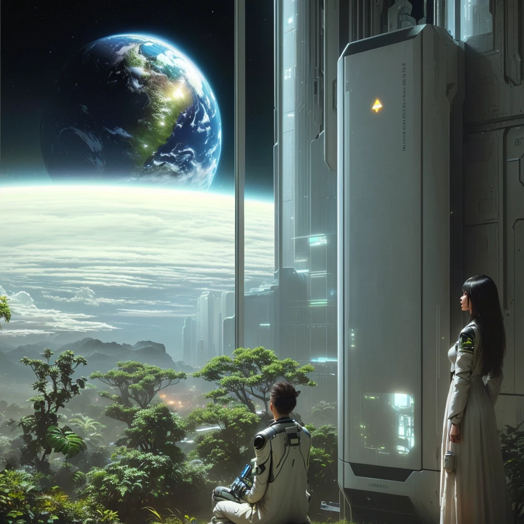 Two people are sitting on the ground looking at the earth, depicted as a Sci-fi scene, digital science fiction realism, Sci-fi scene, 3D rendering of beeple, Arstation and beeple height, Sci-fi scene, Space Utopia Jungle, Sci-fi painting, Future Science Fiction. Game CG, Sci-fi scene