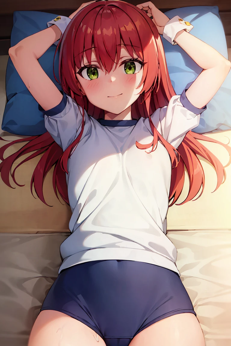 room, 1 Girl, Highest quality, Ultra-high resolution, Long Hair, Redhead, Green Eyes,Looking at the audience, Small breasts , smile, Open your mouth、Cowboy Shot、(Navy blue cuffs and white short-sleeved gym uniform)、(Navy Blue Bloomers)、(
barefoot)、Navy blue socks、(((Lying in bed、Sexy pose)))