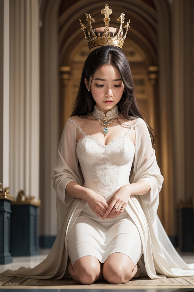 Kneeling at the queen's feet