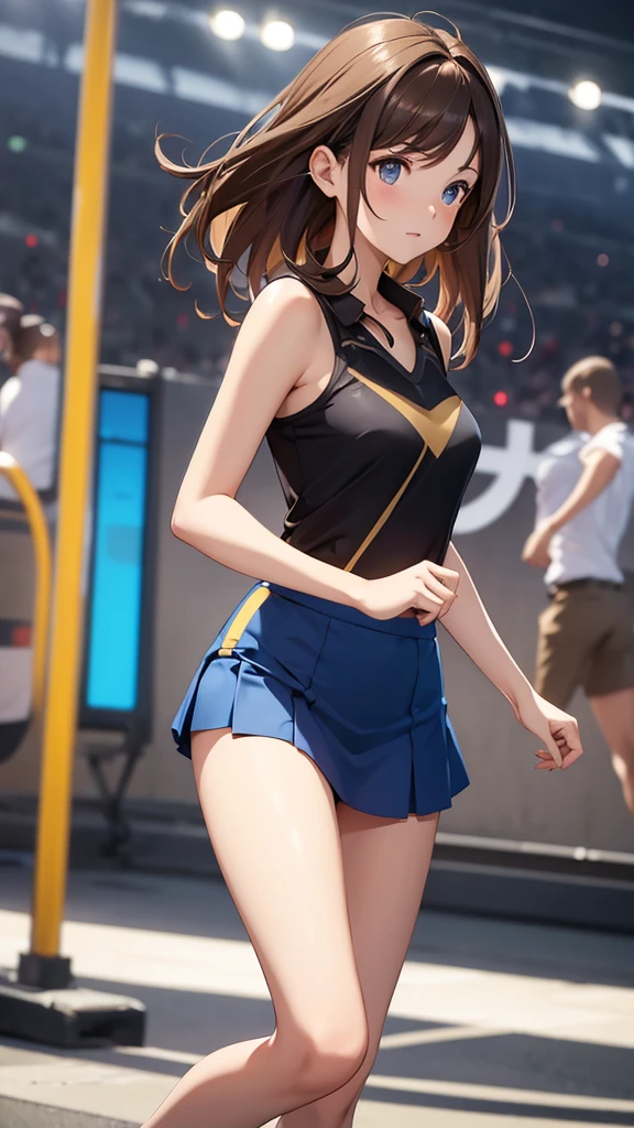 8k Beautiful Woman Brown Hair Full Body Blue and Black Shirt Black Mini Skirt Bare Legs Bare Arms Racing Track Background in the Distance