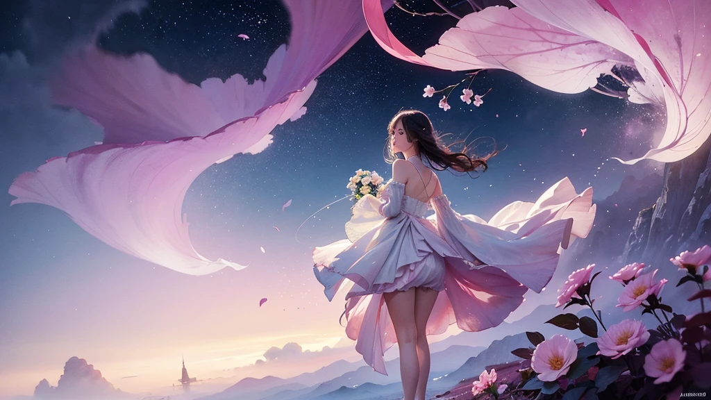 One girl,flower, Lisianthus ,Pale pinkと淡い青のスタイル, A dreamy, romantic piece, Pale pink, Mysterious Leaves, A playful arrangement,Fantasy, High Contrast, Ink strokes, explosion, Exposure, Impression of purple and red tones , Abstract, ((Watercolours by John Berkey and Jeremy Mann )) Brush strokes, Negative Space,