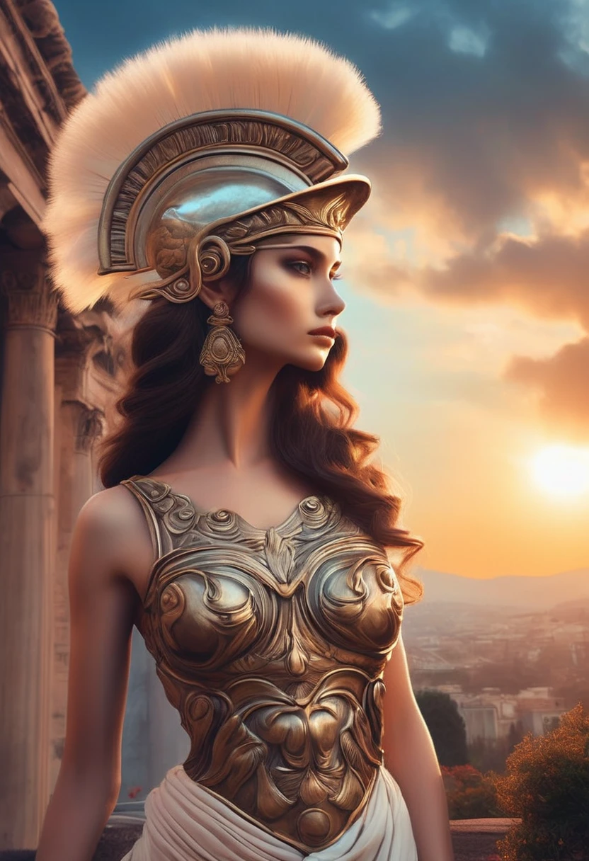 Beautiful Athena stands in the center of the image, depicted with a serene and wise expression.', 'She wears a modern outfit that combines contemporary design elements with classic details.', 'Her dress is elegant, with sober colors and intricate details .', 'Athena's face reflects wisdom and serenity, and her central presence in the image makes her the focal figure of the composition.