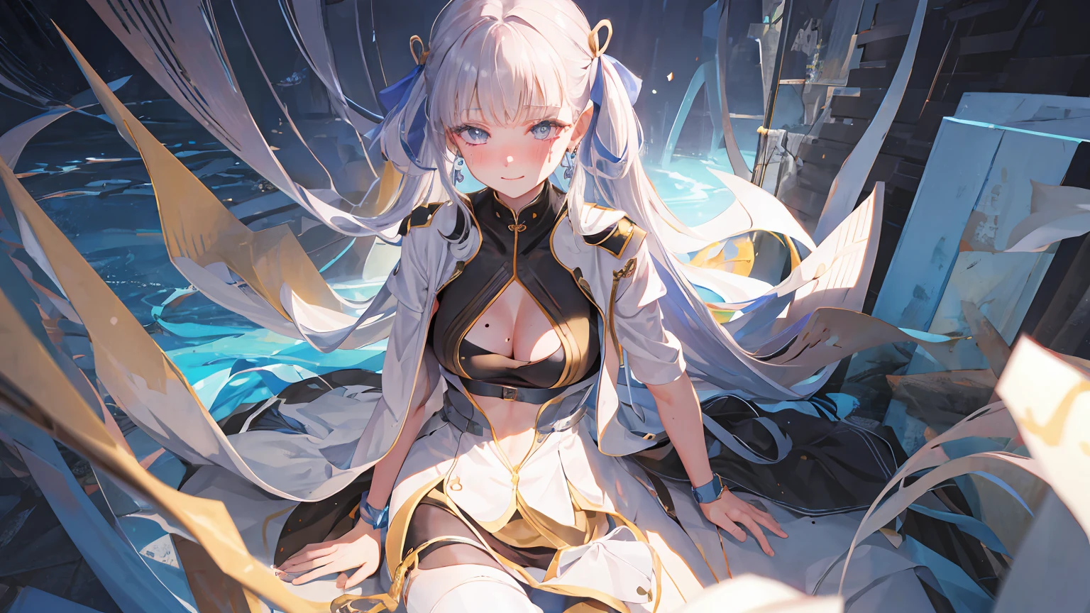 masterpiece,official art,extremely detailed cg unity 8k wallpaper,highly detailed,absurdres,8k resolution,1girl, solo, long hair, breasts, looking at viewer, blush, bangs, large breasts, simple background, hair ornament, thighhighs, white background, ribbon, cleavage, twintails, jewelry, medium breasts, sitting, very long hair, closed mouth, hair ribbon, white hair, grey hair, earrings, mole, white thighhighs, grey eyes, mole under eye, mole on breast,smile,sweating, deep in thought