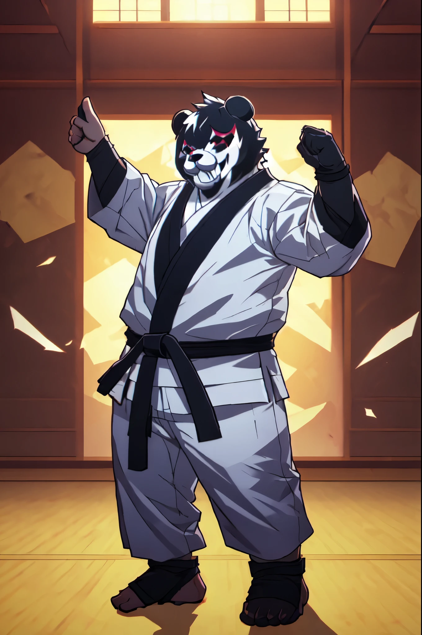 (((Barefoot furry character, full body, cinematic setting, furry male, plantigrade)))

(((monokuma))), bear, grin, teeth, half black and half white, judo, blue kimono, (((ankle braces))), (((martial art footwear)))

BREAK, masterpiece, ((detailed background)), ((dynamic background)), 8K, (masterpiece:1.5), intricate details, highly detailed, extreme detail, octane render, unreal engine, fine art, best quality, highres, (detailed face:1.5), ((full_body)), UHD, (((perfect hands))), low light, set at night