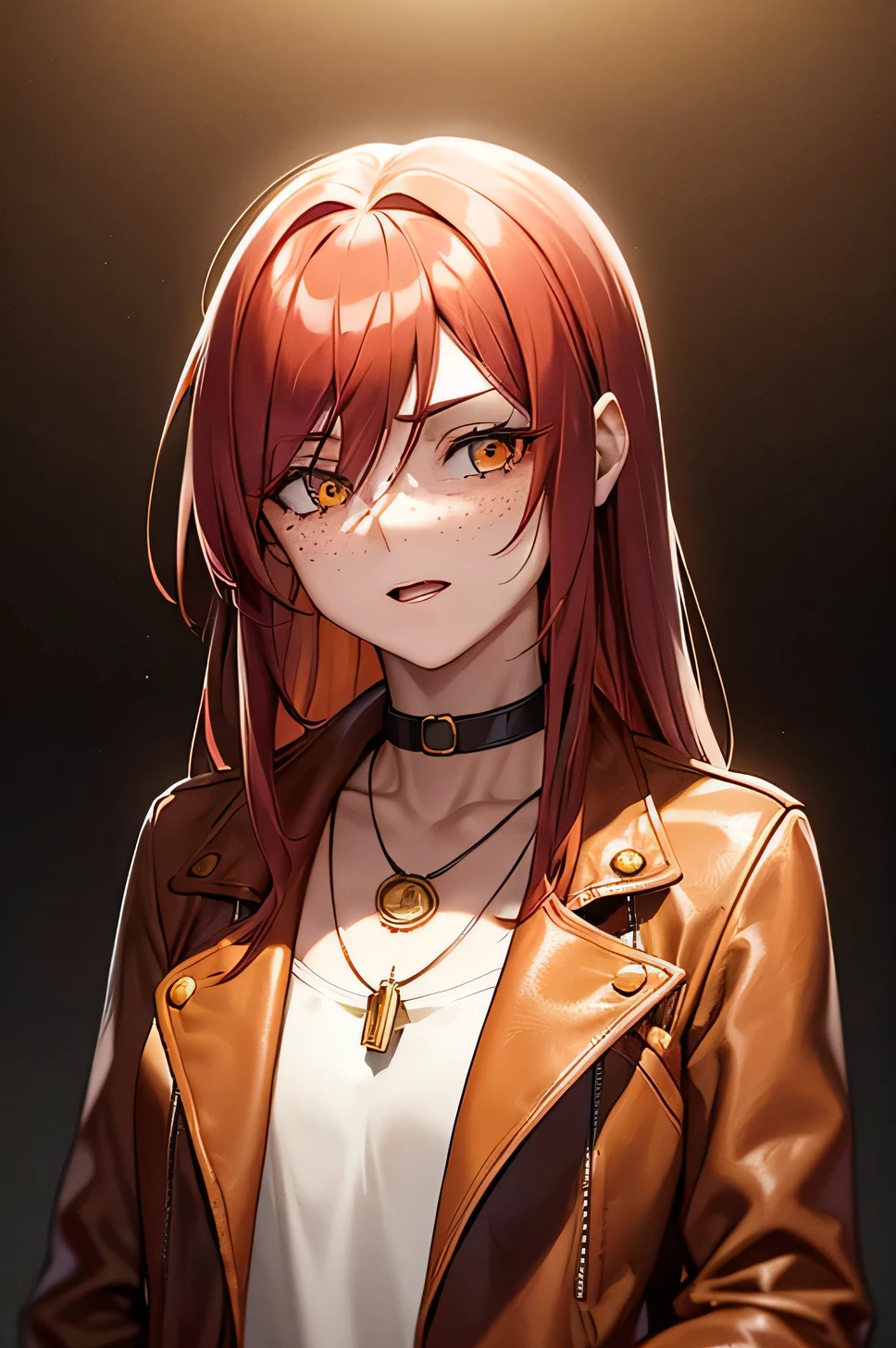 1 23 year old woman,fair skin with freckles on the face , with long red hair, golden cat eyes/ yellow/gold color  , wearing a small and delicate choker, with a small pendant, wearing a short brown leather jacket, wearing a blouse, on a dark background, mocking face squeeze, Fine body