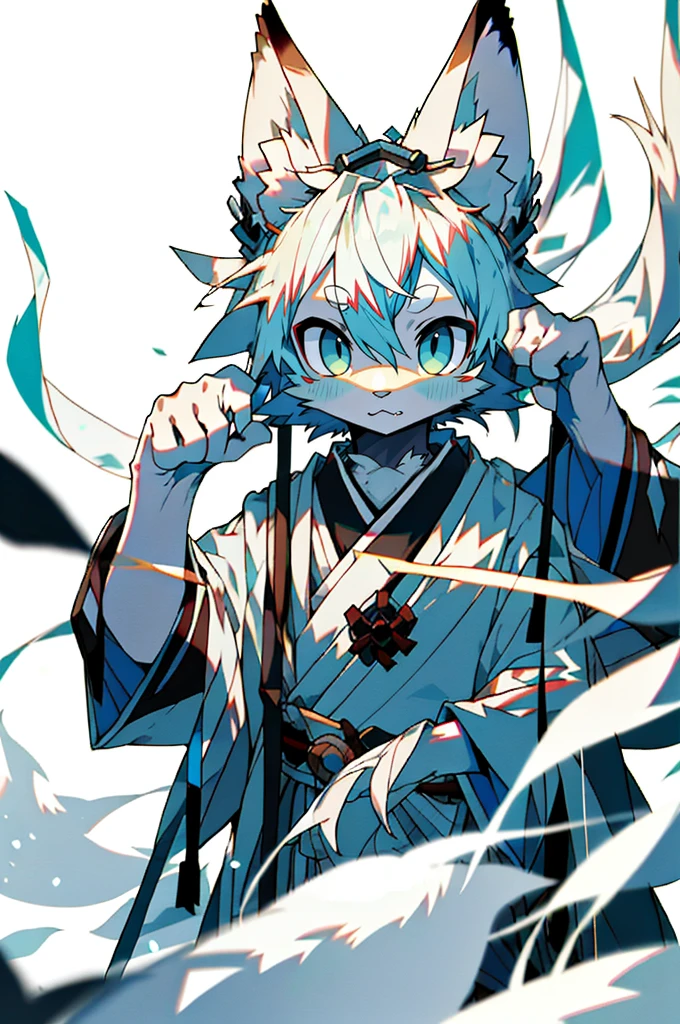 Depth of Field,Perfect lighting,Light Particles,(Best quality),(Top quality)(masterpiece),(Extremely detailed),arctic fox,White毛皮,White ears,Clear focus,Sharp eyes,blue eyes,hairy的,Komono,Japanese clothing,arctic fox,White,hairy,Shirao,Long Tail
