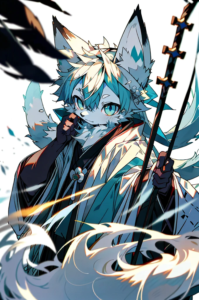 Depth of Field,Perfect lighting,Light Particles,(Best quality),(Top quality)(masterpiece),(Extremely detailed),arctic fox,White毛皮,White ears,Clear focus,Sharp eyes,blue eyes,hairy的,Komono,Japanese clothing,arctic fox,White,hairy,Shirao,Long Tail