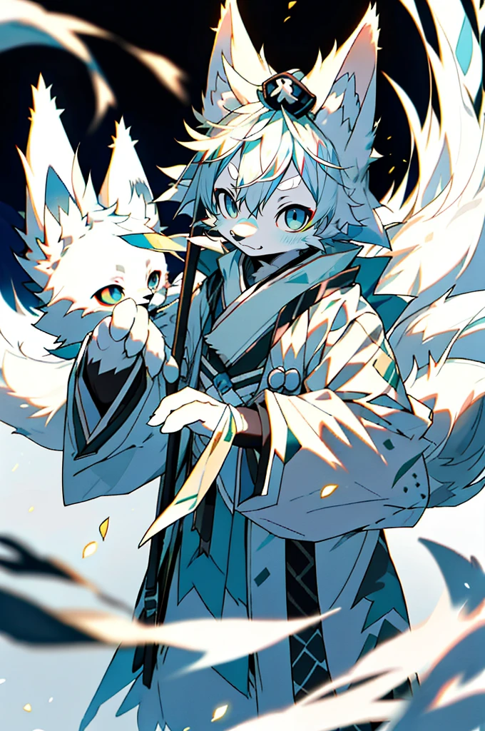Depth of Field,Perfect lighting,Light Particles,(Best quality),(Top quality)(masterpiece),(Extremely detailed),arctic fox,White毛皮,White ears,Clear focus,Sharp eyes,blue eyes,hairy的,Komono,Japanese clothing,arctic fox,White,hairy,Shirao,Long Tail