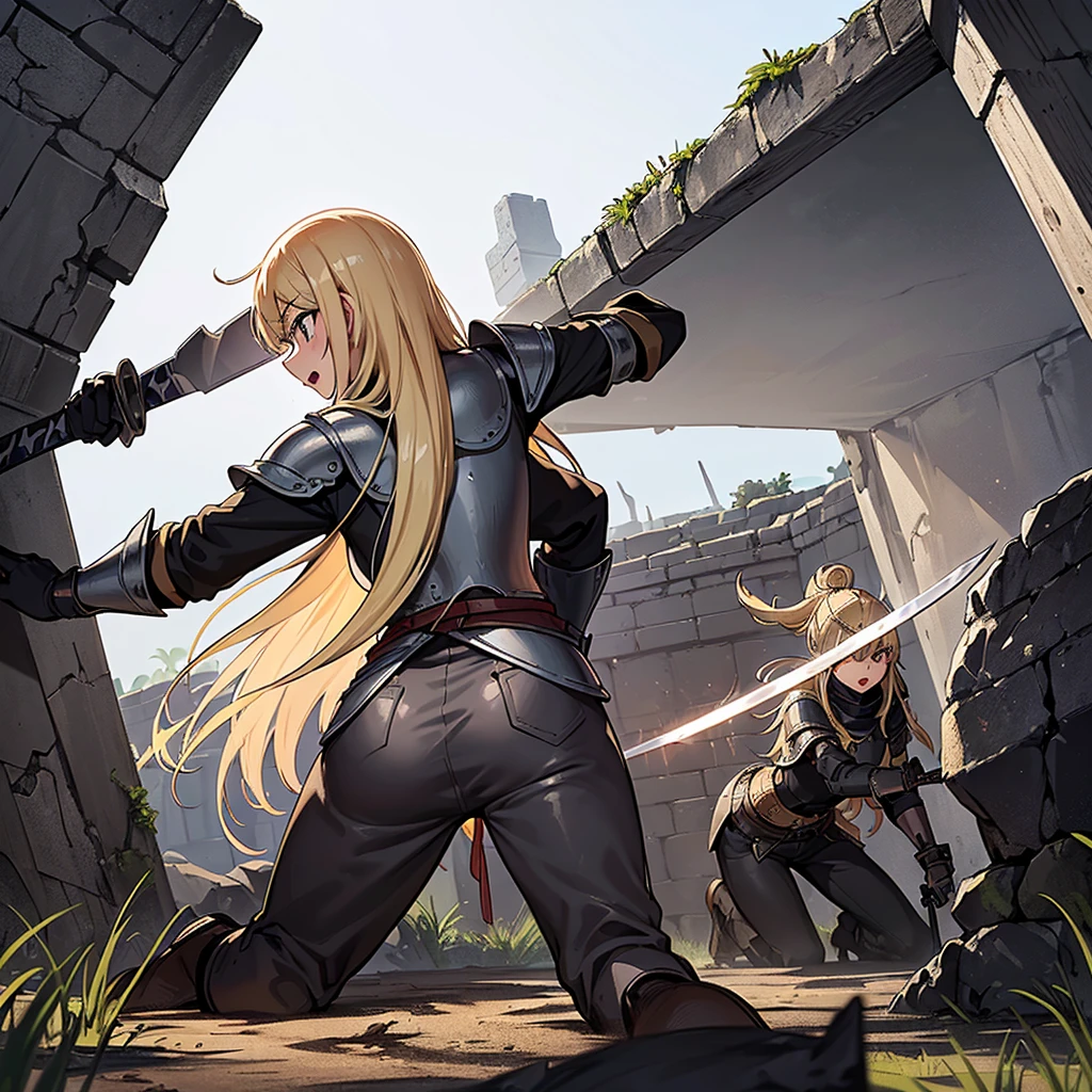 Best illustrations、Best Quality、(Full body character concept、detailed)、(((Simple grey armor、Black trousers、Black gloves、woman、18-year-old、Blonde、Long Hair)))、(((Grab the sword、Get Ready)))、(Old ruins、desert。Grass)、Fall to the floor、(Black, muddy swamp)、(中世の騎士が10 people)、(get annoyed、Open your mouth、shout)、(lots of medieval knights、10 people)、battlefield、(From below、From the back、back view)、(White background)