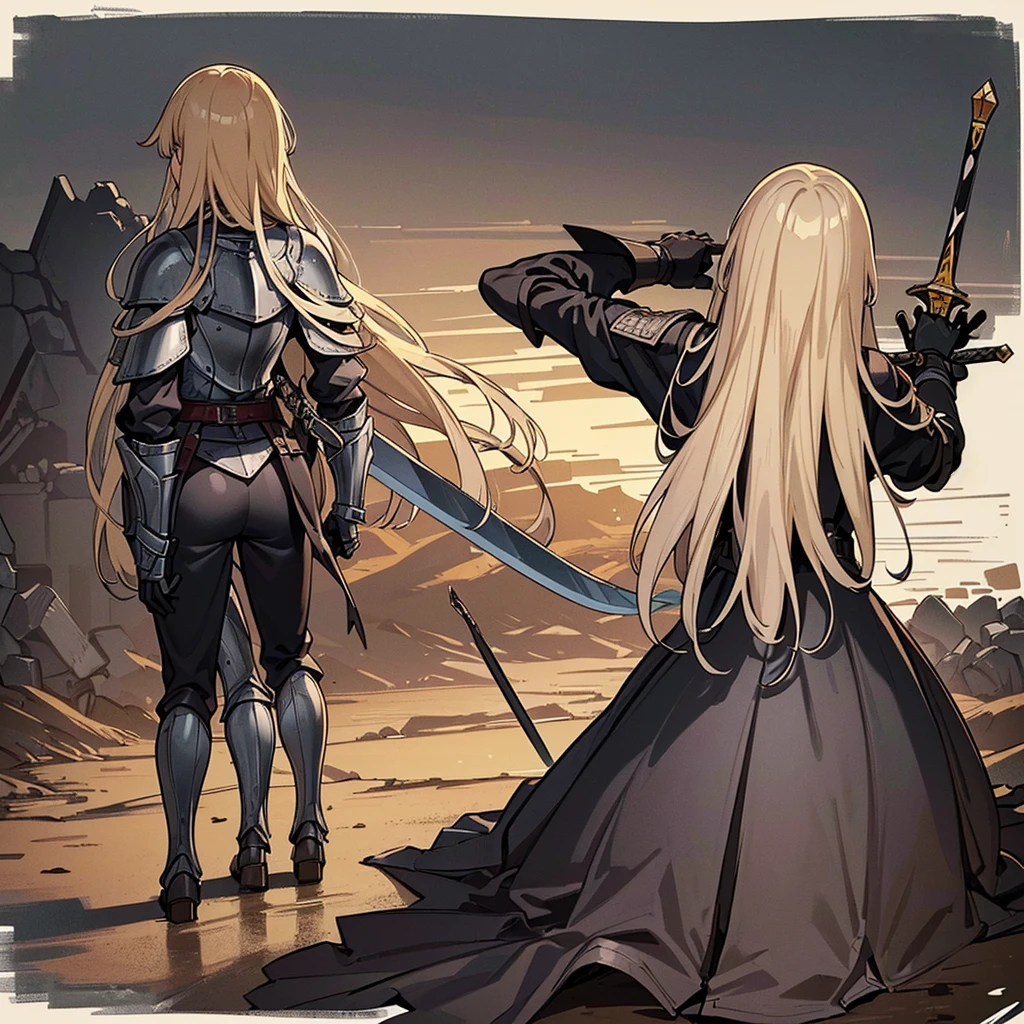 Best illustrations、Best Quality、(Full body character concept、detailed)、(((Simple grey armor、Black trousers、Black gloves、woman、18-year-old、Blonde、Long Hair)))、(((Grab the sword、Get Ready)))、(Old ruins、desert。Grass)、Fall to the floor、(Black, muddy swamp)、(中世の騎士が10 people)、(get annoyed、Open your mouth、shout)、(lots of medieval knights、10 people)、battlefield、(From below、From the back、back view)、(White background)