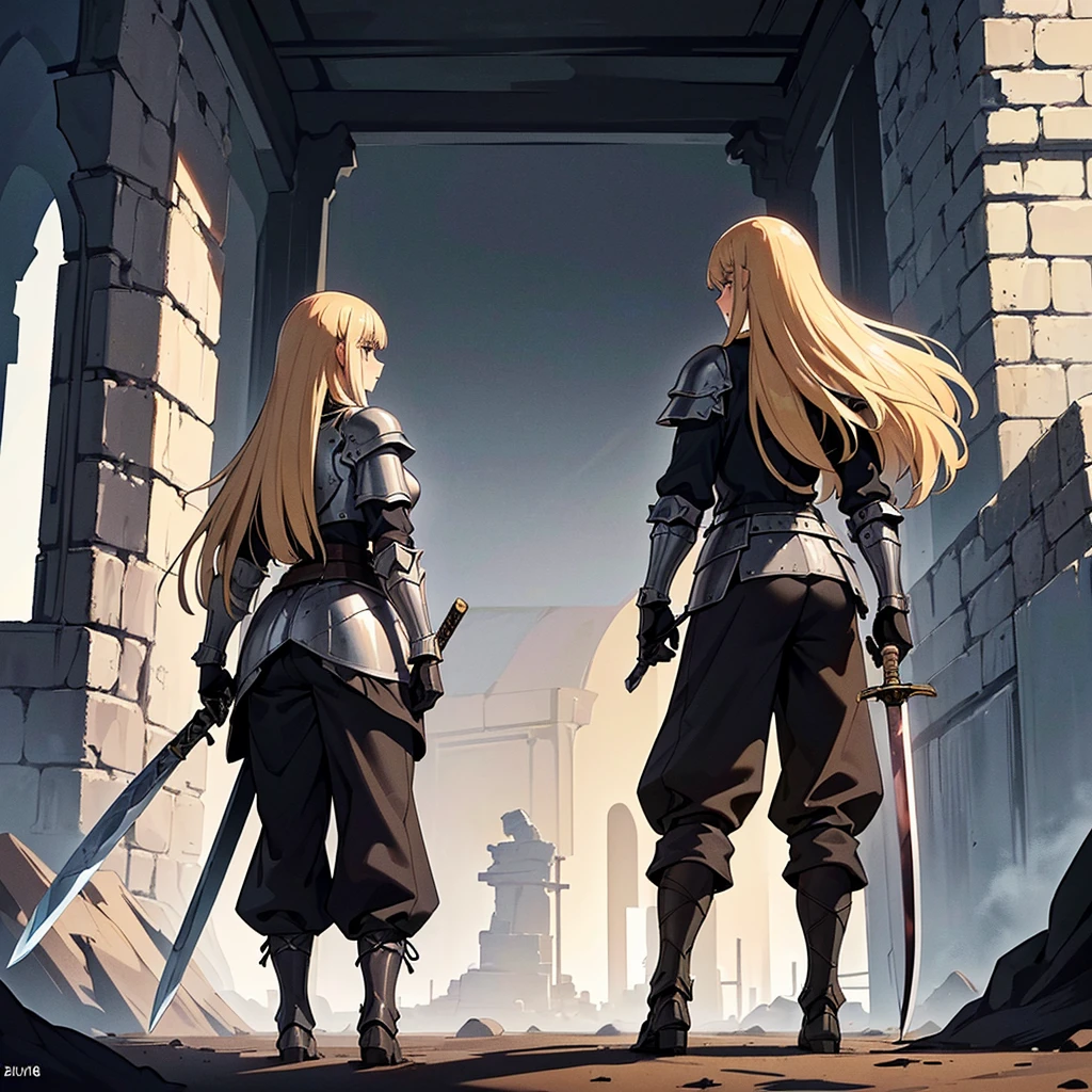 Best illustrations、Best Quality、(Full body character concept、detailed)、(((Simple grey armor、Black trousers、Black gloves、woman、18-year-old、Blonde、Long Hair)))、(((Grab the sword、Get Ready)))、(Old ruins、desert。Grass)、Fall to the floor、(Black, muddy swamp)、(中世の騎士が10 people)、(get annoyed、Open your mouth、shout)、(lots of medieval knights、10 people)、battlefield、(From below、From the back、back view)、(White background)