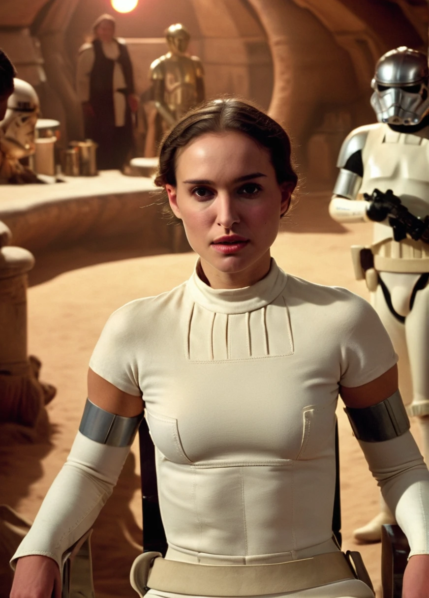 high resolution photo face close-up of p4dme woman sitting in a star wars cantina,looking at camera,white uniform,hair chignon,full body shot,depth of field,volumetric lighting,sunrise,(surreal dramatic lighting shadow)