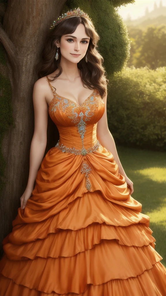 Masterpiece, absurdres, fine detail, HDR, highly detailed face and eyes, photorealistic, smiling, open mouth excited,ballgown, keira knightley in a orange and white silk dress standing in front of a tree , wearing a ballgown,big breasts, detailed face, long eyelashes, colorful eye shadow, colorful makeup, 4k,8k,very tiny waist,full body photography 