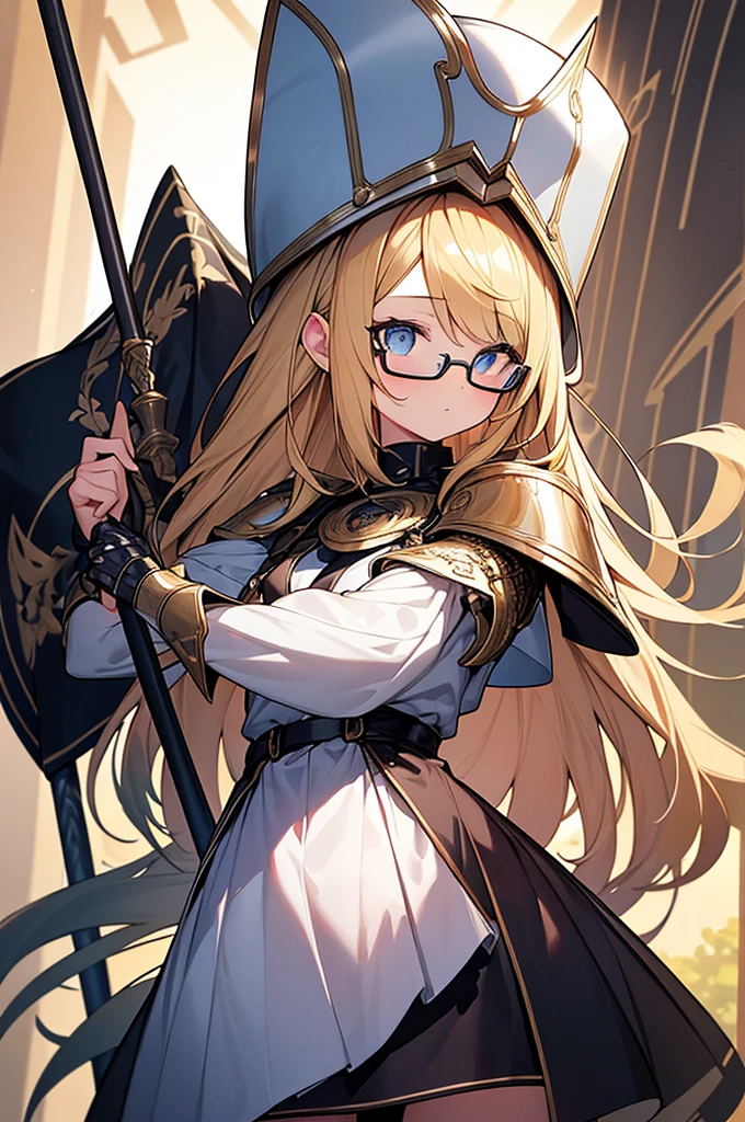 best quality, Masterpiece, Highly detailed, symmetrical eyes., girl, พื้นหลังที่Highly detailed, is gaining popularity (art station:1.46), exaggerate, movie light, studio quality, 8k resolution, long yellow hair,Wear glasses,Put on knight armor,holding a flag,strong