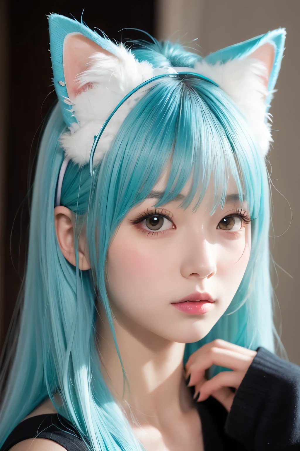 Young female character with long wavy pastel blue hair and cat ears。Her expression is、As you can see from her slightly parted lips and wide eyes.、It&#39;s a slight surprise or worry.。she、She is wearing a high-neck, long-sleeved cream-colored blouse with ruffles on the chest and cuffs.。in addition、She wears a black corset decorated with gold buttons。The skirt is a blue dress with a tiered style.、White lace and ruffle accents、Gives a layered look。The white background makes her stand out.。The lighting is soft and uniform、It highlights the pastel tones of her hair and the exquisite details of her clothing.。The pose is slightly turned to the right.、One hand on his chest、It conveys a delicate sense of wonder and innocence.。Random sexy poses、Large Breasts、