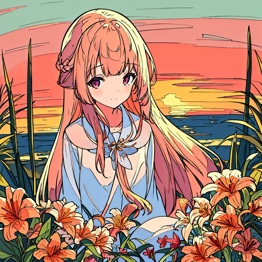 Plain sunset colored background, girl in white with bronze hair, lily flower, simple, chic, summer