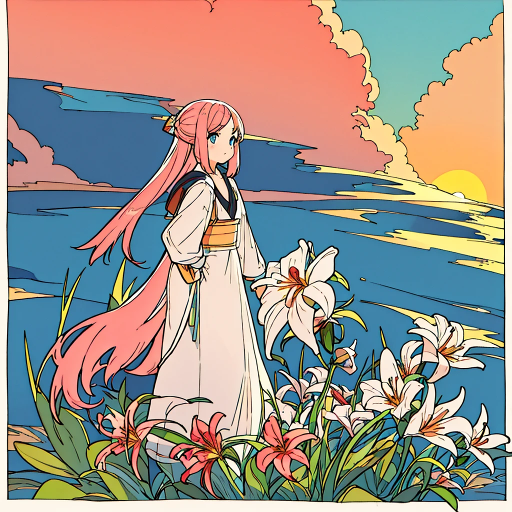 Plain sunset colored background, girl in white with bronze hair, lily flower, simple, chic, summer
