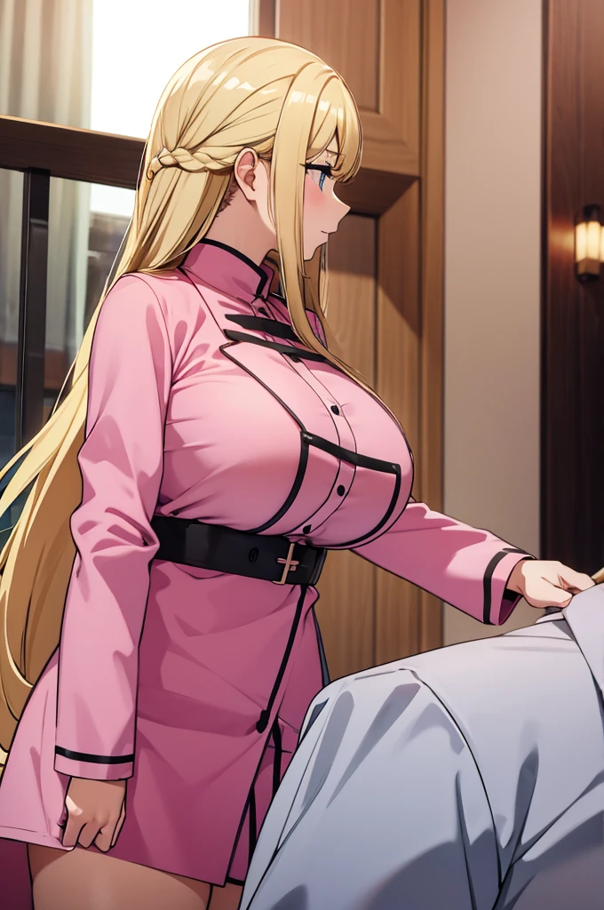 adult girl, big breasts, blonde, long hair, pink doctor's coat, in hospital, smiling