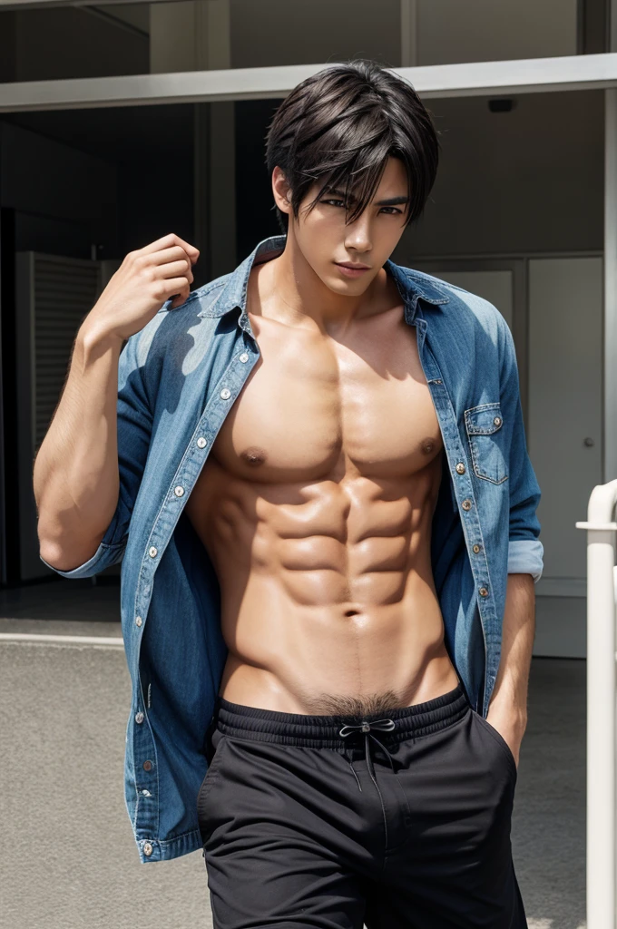 A hot anime man who is not wearing a shirt 
