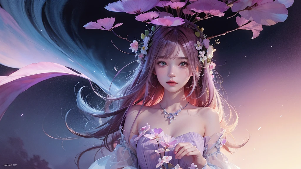 One girl,flower, Lisianthus ,Pale pinkと淡い青のスタイル, A dreamy, romantic piece, Pale pink, Mysterious Leaves, A playful arrangement,Fantasy, High Contrast, Ink strokes, explosion, Exposure, Impression of purple and red tones , Abstract, ((Watercolours by John Berkey and Jeremy Mann )) Brush strokes, Negative Space,