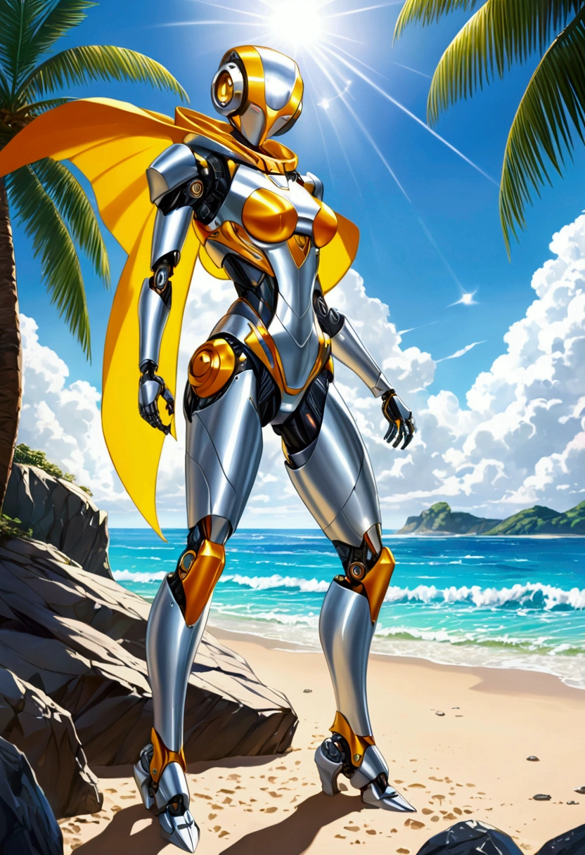 ,robot girl at the beach, large metal hips, wearing a hood with a cape, perched on a rock, near a palm tree, exposed mechanical thighs, butt, cool robotic mask, cyclops, shiny metallic surface, vibrant colors, warm sunlight, sparkling ocean waves, sandy beach, tropical atmosphere, strong and confident pose, futuristic technology, realistic details, intricate designs, beautiful reflection, serene environment, fart lazer, fart fire, fart lazer, fart fire