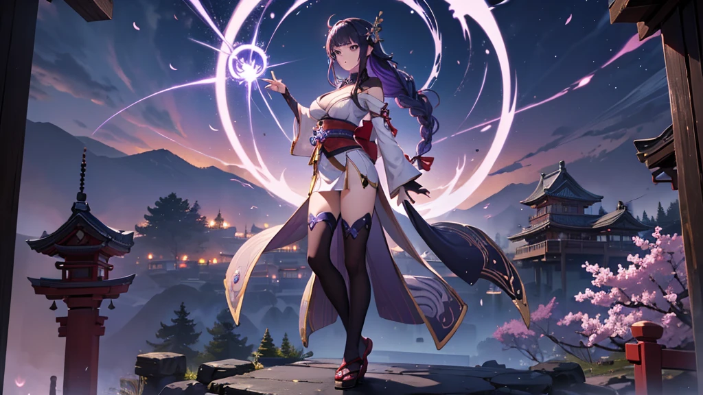 ((Full body image:1.4))Japanese Shrines, (best quality,Practical,masterpiece:1.2,8k wallpaper:1.2),((Pale skin)),A girl,Women only,((Thunder Guardian)),Lightning particles,Purple Lightning,Light background,Cherry blossoms,Purple theme,Exquisite facial features,Sexy beautiful anime girl,Thunder General,Purple long hair,Red lips,Anime mouth,Residence.,(Very sad face),Large Breasts