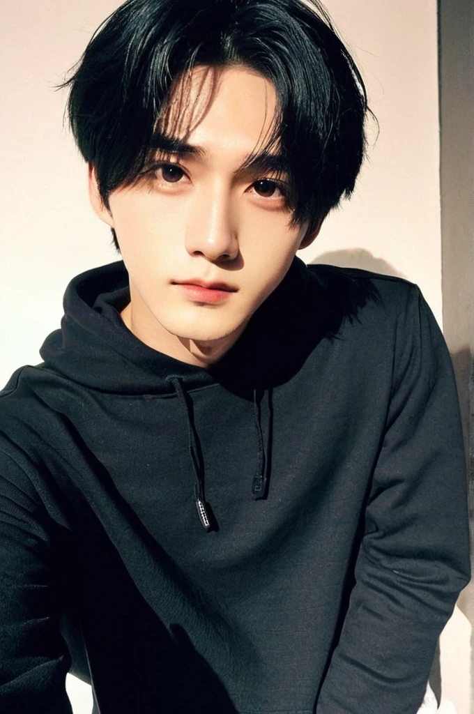 One boy、Young man with black hair(Mash straight long hair),Male K-Pop Idols、Levi Ackerman、Medium portrait、chop、Beautiful Model、Oval Face、Vivid、Selfie、(In a dark room)、The whole body is shown、((Full body photo))