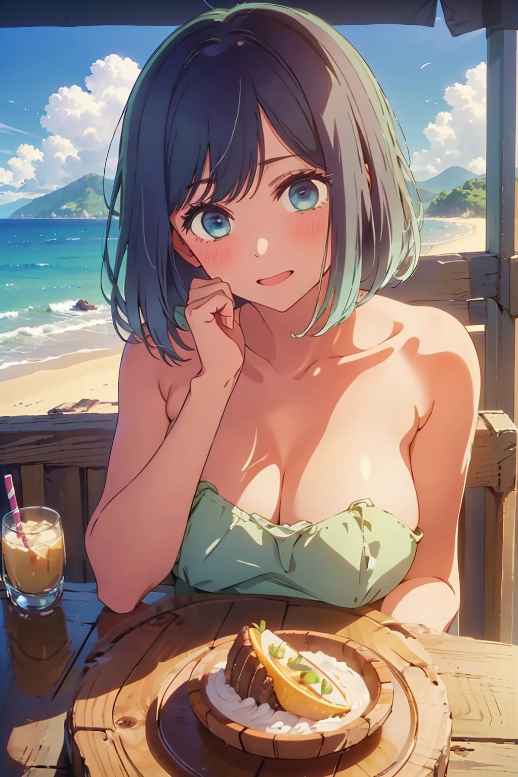 (Highest quality:1.4、masterpiece:1.4、Super detailed:1.4、8K:1.4)、((((1 person、Surprised expression、sit、Cafe Terrace、coastal、juice、table、Sandy Beach、juiceのグラスを持つ、Very soft boobs、Big eyes、Very cute face))))、(areola protrudes:1.4、large areolae:1.4、nude:1.4)、F cup bust、Medium breast、Underboob、Nipples
