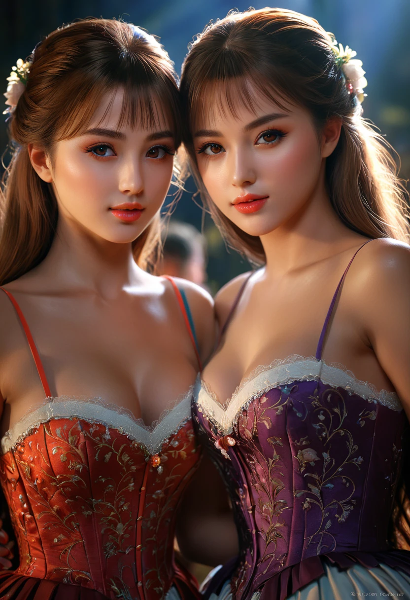 A detailed, high-quality Stable Diffusion prompt for the given topic would be:
two girls, roromiya, ririchiyo, ascot, (best quality,4k,8k,highres,masterpiece:1.2),ultra-detailed,(realistic,photorealistic,photo-realistic:1.37),extremely detailed eyes and face,longeyelashes,beautiful detailed eyes,beautiful detailed lips,beautiful dress,intricate details,cinematic lighting,vibrant colors,dramatic lighting,fantasy,digital art