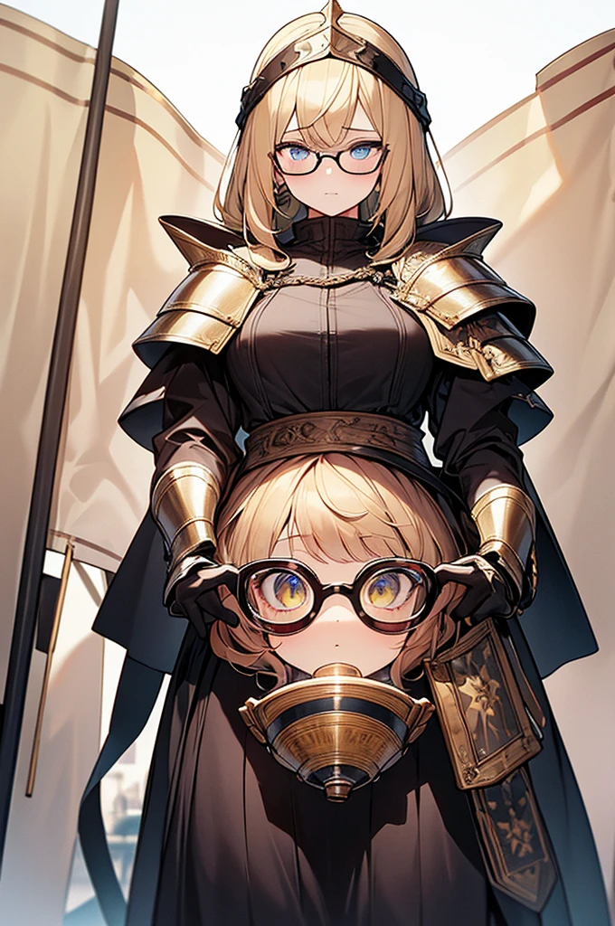 best quality, Masterpiece, Highly detailed, symmetrical eyes., girl, พื้นหลังที่Highly detailed, is gaining popularity (art station:1.46), exaggerate, movie light, studio quality, 8k resolution, long yellow hair,Wear glasses,Joan of Arc,Put on knight armor,holding a flag,strong