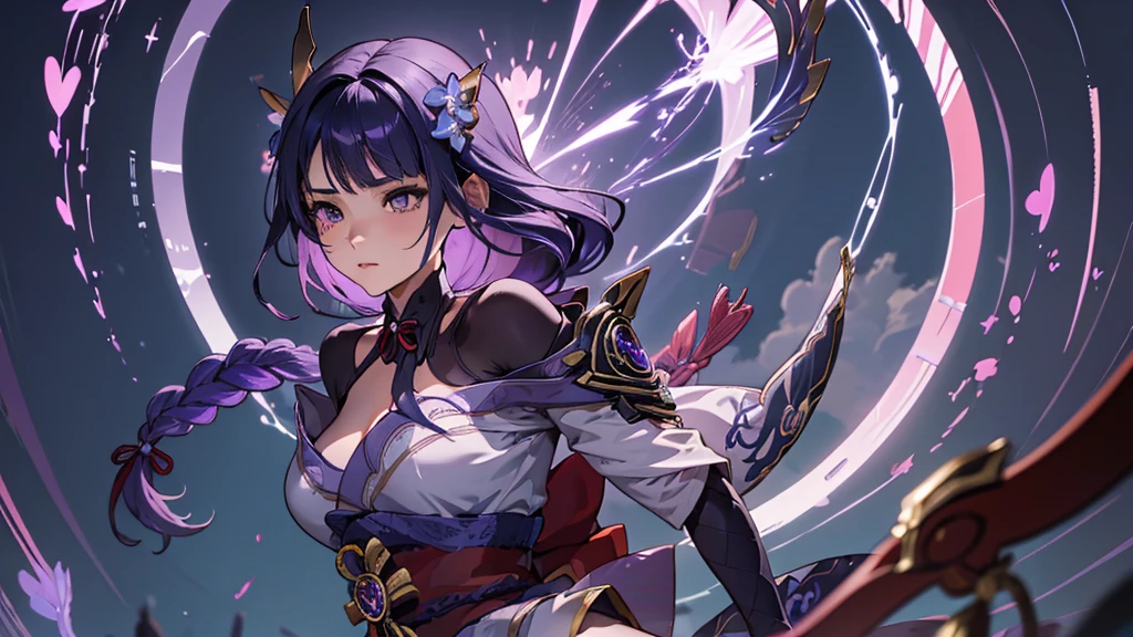 ((Full body image:1.4))Japanese Shrines, (best quality,Practical,masterpiece:1.2,8k wallpaper:1.2),((Pale skin)),A girl,Women only,((Thunder Guardian)),Lightning particles,Purple Lightning,Light background,Cherry blossoms,Purple theme,Exquisite facial features,Sexy beautiful anime girl,Thunder General,Purple long hair,Red lips,Anime mouth,Residence.,(Very sad face),Large Breasts
