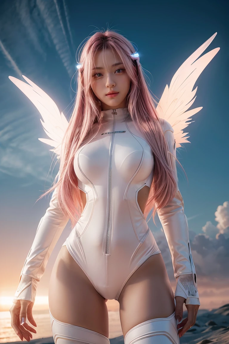 ((masterpiece, best quality, extremely detailed), volumetric lighting, ambient occlusion, colorful, glowing),
1girl, solo, young girl, (pink hair), long hair, halo, aura, sacred, godness, cyber suit, (white outfit:1.3), android, bot, angel wings,
outdoors, sunset, sky, clouds, space, (cyberpunk theme:1.2),