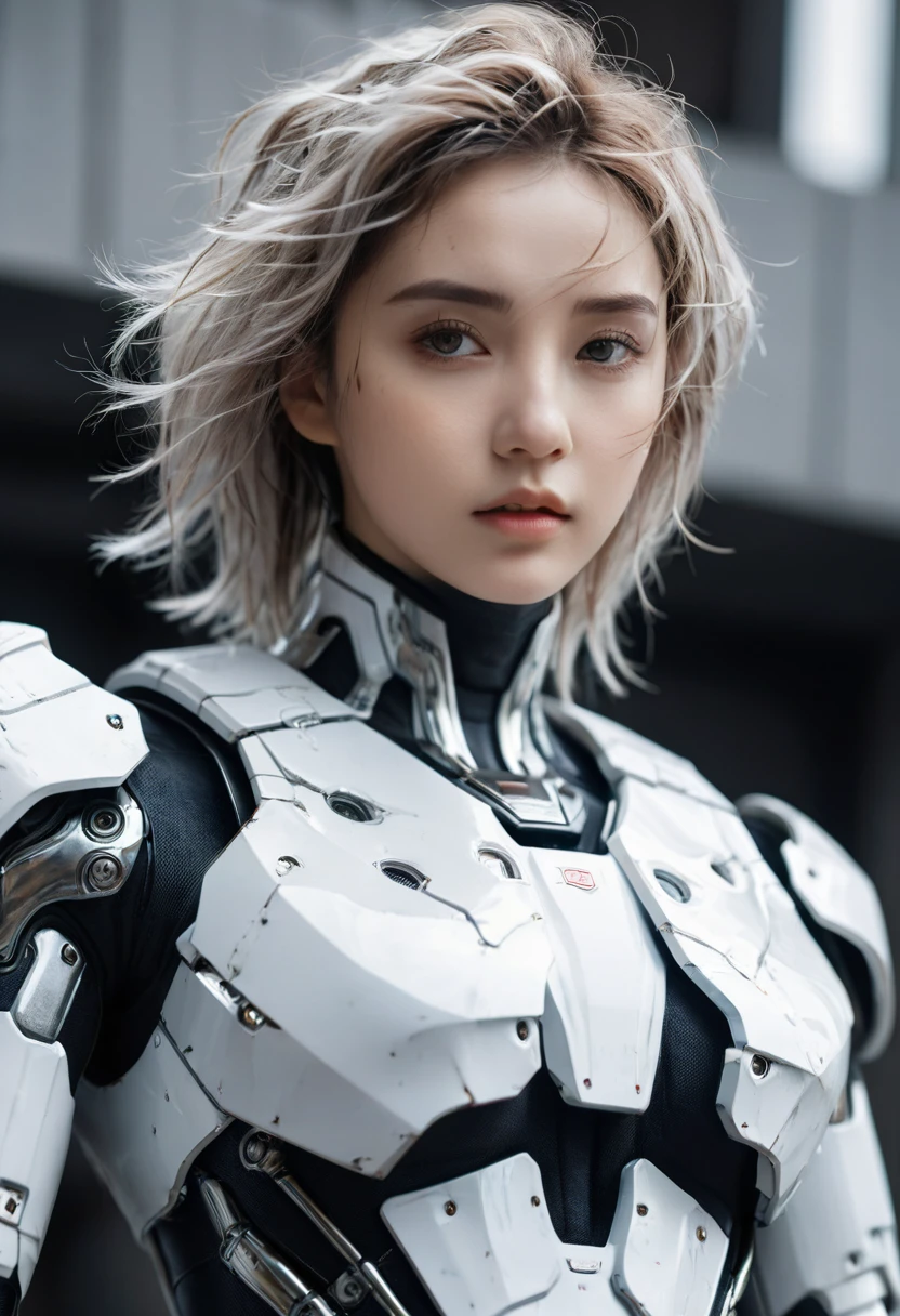 masterpiece, best quality, Surreal, Ultra Detailed, 8k resolution, RAW photos, Clear focus, (1 Girl), Solitary, Beautiful face, Perfect body, Mature female, 25 years old, portrait, Mecha, White Armor, Nanosuit, Sexy, Messy hair, Movie, Movie light, Dark theme