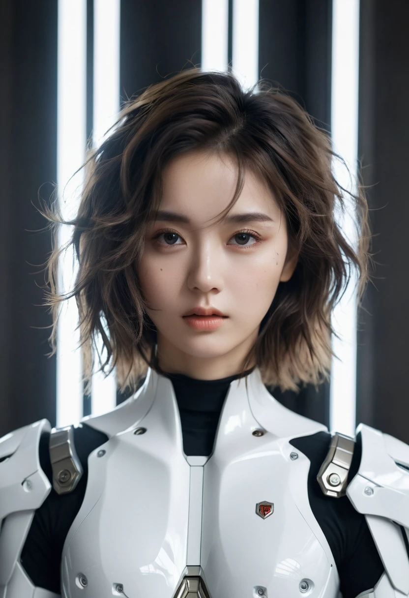 masterpiece, best quality, Surreal, Ultra Detailed, 8k resolution, RAW photos, Clear focus, (1 Girl), Solitary, Beautiful face, Perfect body, Mature female, 25 years old, portrait, Mecha, White Armor, Nanosuit, Sexy, Messy hair, Movie, Movie light, Dark theme