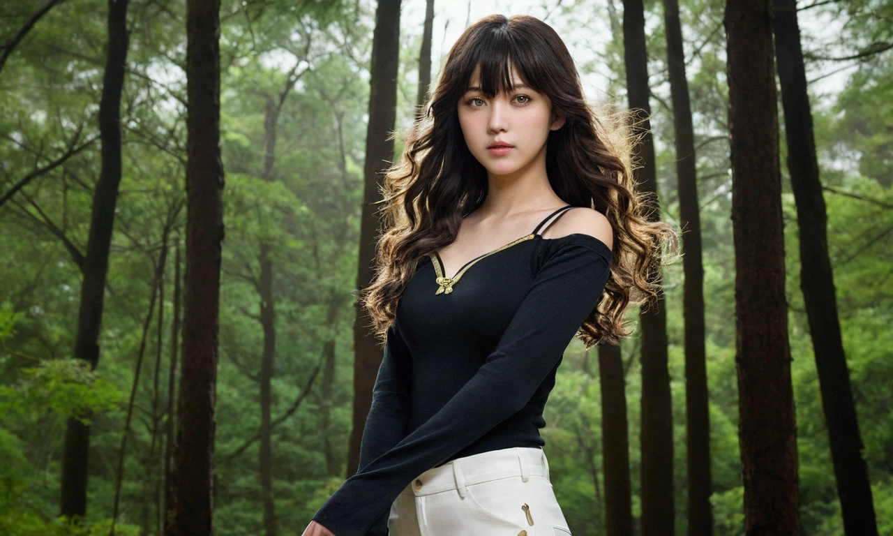 8K, Highest quality, masterpiece, Very detailed, Semi-realistic, girl, girl, 20-year-old, Look at your hands, Long dark brown hair with bangs, Curly Hair, Green Eyes, Black Japanese-style cut clothes, White pants, Bare shoulders, golden details, Thin body type, Cold look, Battle Scenes, Outdoor, Forest Background, Lots of trees and dark skies